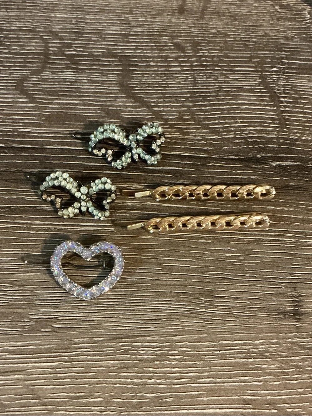 Glitter Heart Rhinestone Butterfly Hair Clip Set Goldtone Hair Pins Set of 5